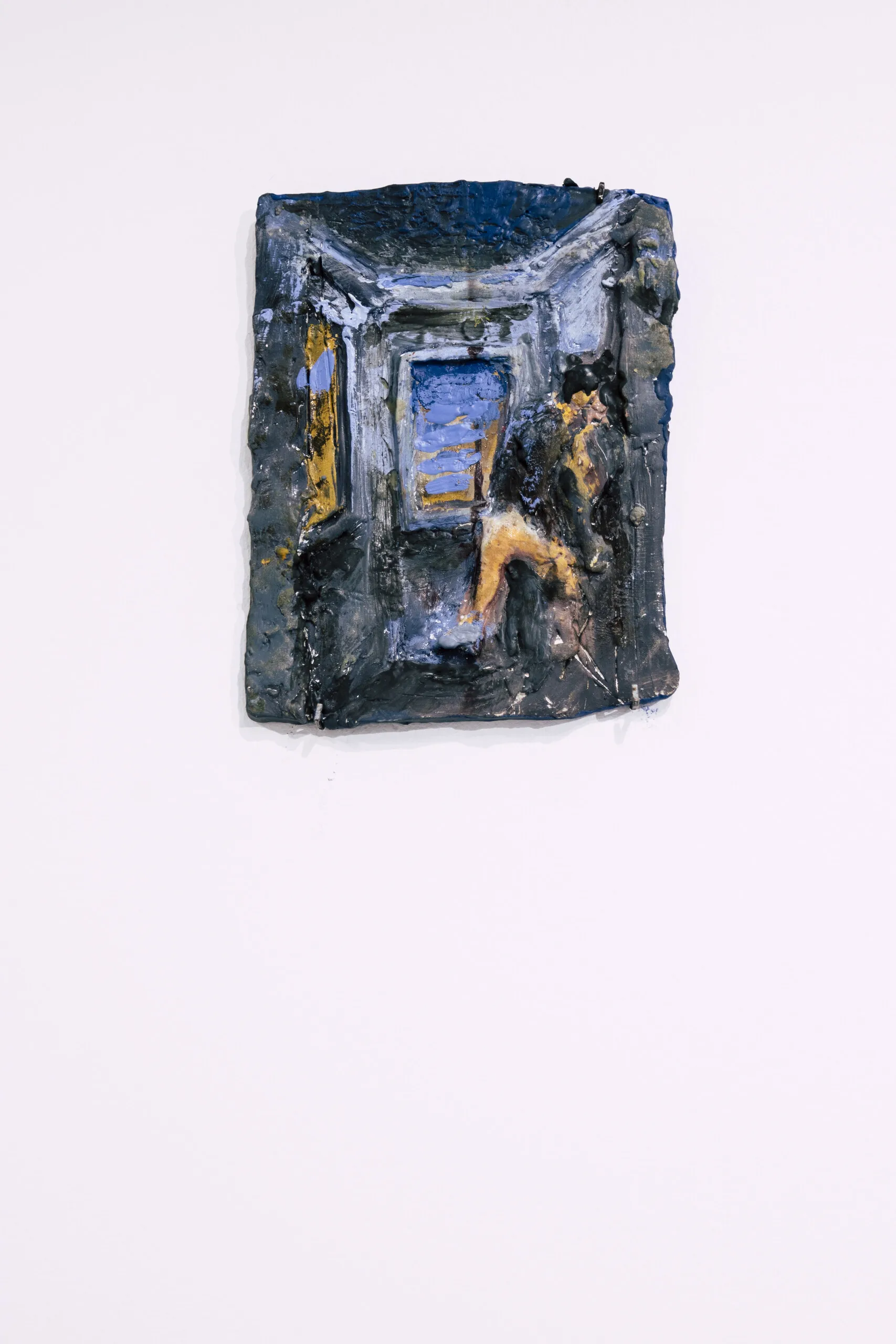 Espelho Meu: dark encaustic relief of an architectural interior with a figure. Photo: Jenniffer Lima Pais