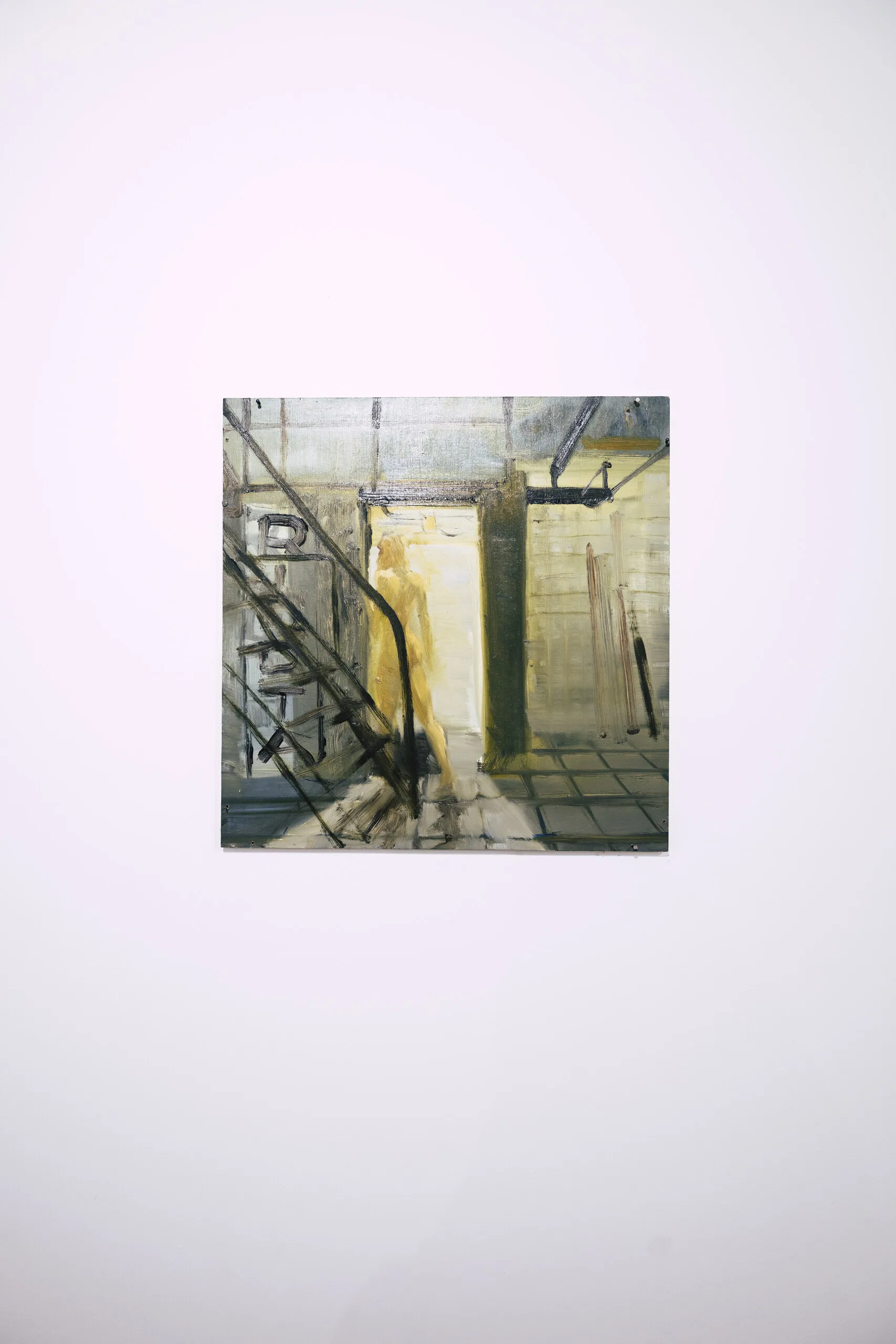Espelho Meu: painting of a stairwell in muted green and ochre. Photo: Jenniffer Lima Pais
